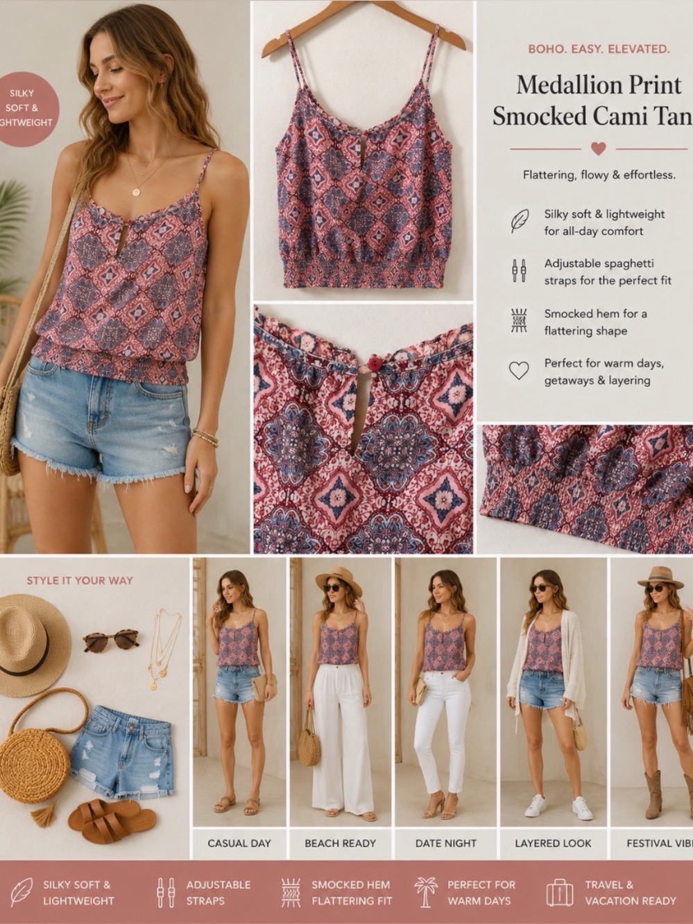 American Eagle NWOT silky medallion cami adjustable straps tank smocked …